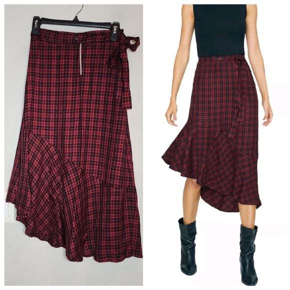 NWT Sanctuary Red Black Plaid Asymmetrical Midi Skirt Size 0 - Picture 1 of 16